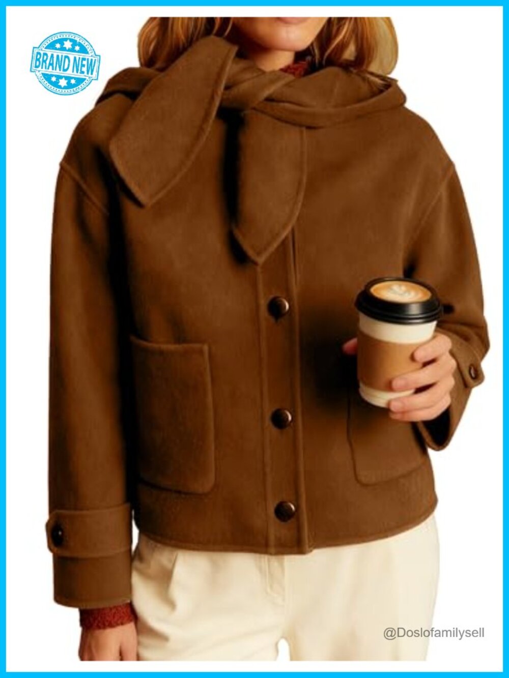Wool Blend Cropped Hooded Coat Bow Collar Single Breasted Jacket